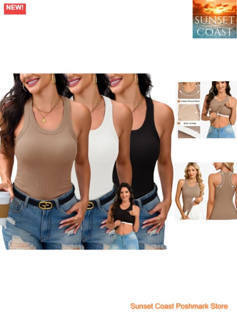 Women's Ribbed Tank Tops with Built-In Bra Racerback 3 Pack Cotton Rayon Spandex
